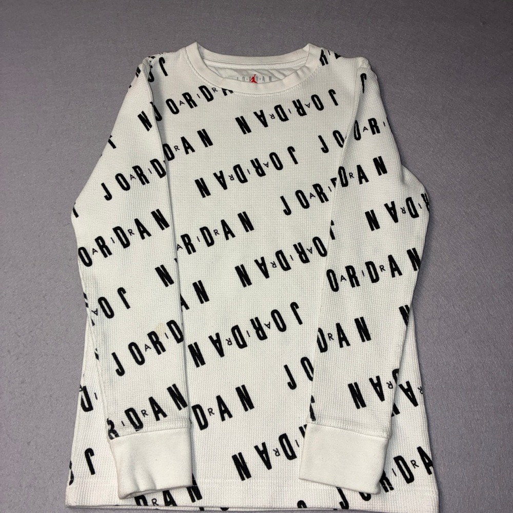 Jordan Thermal Shirt Kids Medium White All Over Print Long Sleeve Waffle Knit